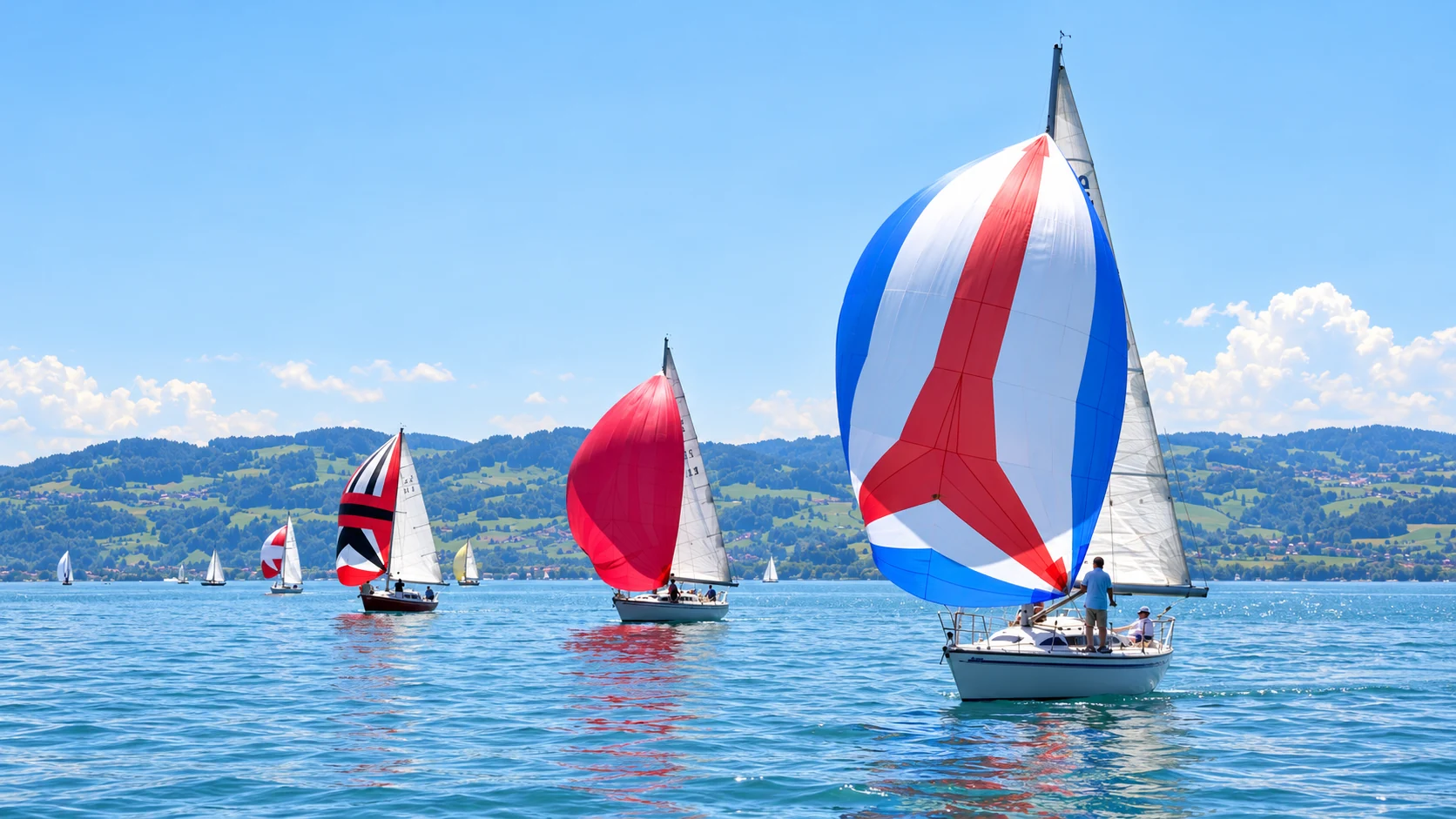 KI-Illustration nach Originalvorlage: Mehrere Segelboote auf dem Bodensee mit bunten Spinnakern; großes rot-weiß-blaues Segel rechts, grüne Uferhänge dahinter; Segeln in der Lindauer Bucht in Lindau