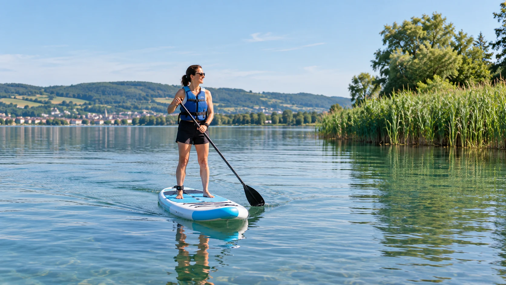 KI-Illustration: Erwachsene Paddlerin mit Schwimmhilfe auf einem SUP, ruhiger Untersee, Schilf und niedriges grünes Ufer; SUP-Verleih am Untersee in Untersee