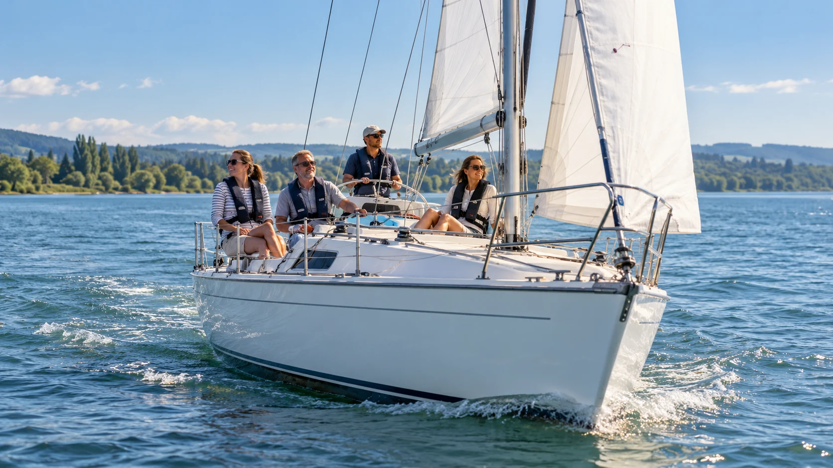 KI-Illustration: Kleine Segelyacht mit Skipper und erwachsenen Gästen vor niedrigem grünem Ufer; Segeltörn mit MB Events & Adventures in Moos