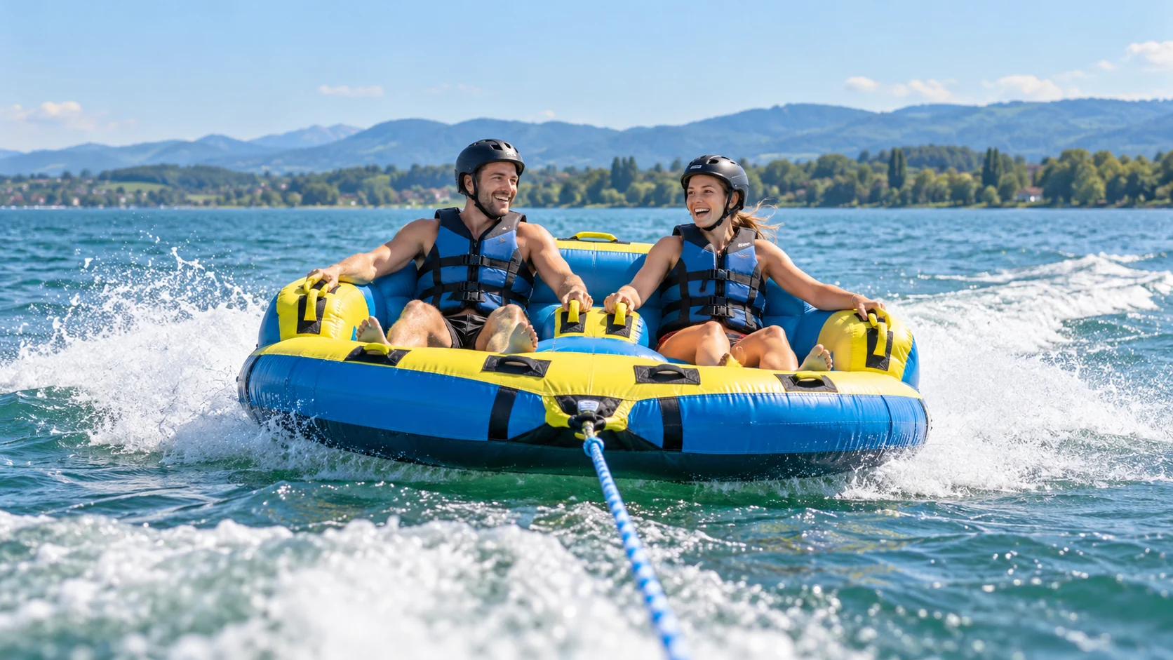 KI-Illustration: Zwei Erwachsene mit Helmen und Schwimmwesten sitzen auf einer blau-gelben Sofa-Tube, die über eine sichtbare Leine auf dem See gezogen wird; Tubes/gezogene Wassersportgeräte bei SeaSports in Kressbronn
