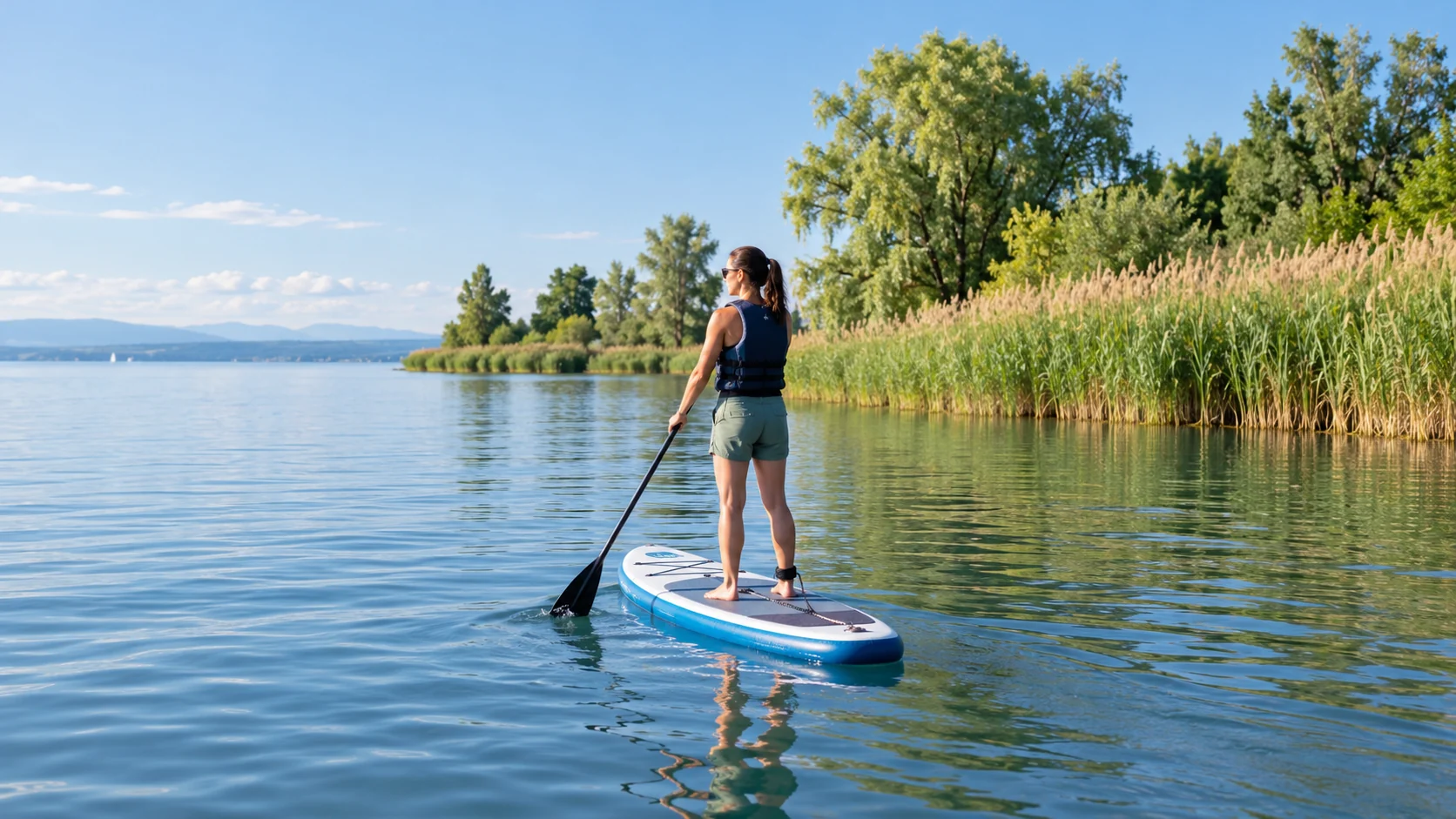 KI-Illustration: Erwachsene Person mit Schwimmhilfe auf einem SUP am ruhigen Schilfufer; SUP bei Surfmax in Hard