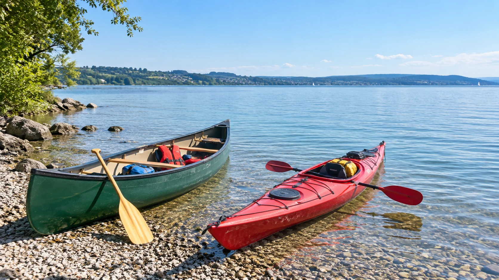 KI-Illustration: Ein offener grüner Kanadier und ein rotes Freizeitkajak mit Paddeln und Schwimmwesten am flachen Seeufer; Kanu und Kajak ab Kanustation Wallhausen in Konstanz-Wallhausen