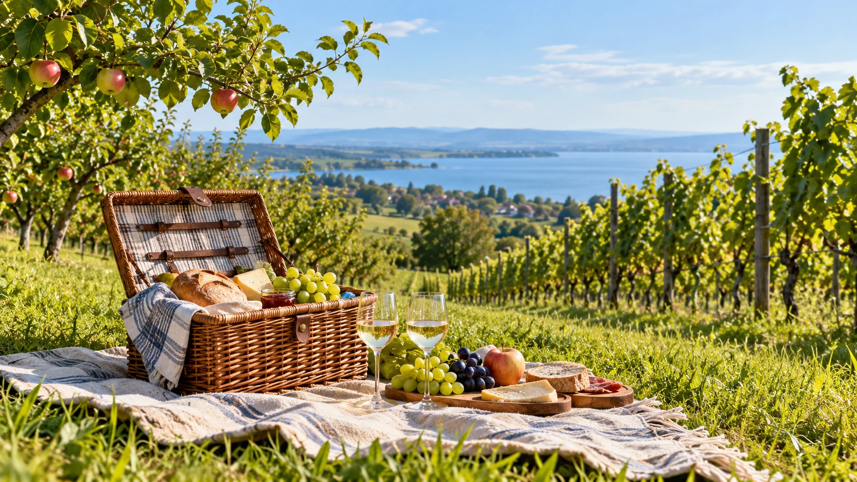 KI-Illustration: Picknickkorb mit Brot, Käse und regionalen Speisen, Weingläser, Trauben und Apfel zwischen Obstbäumen und Reben; See in der Ferne; Weingut Haug in Lindau