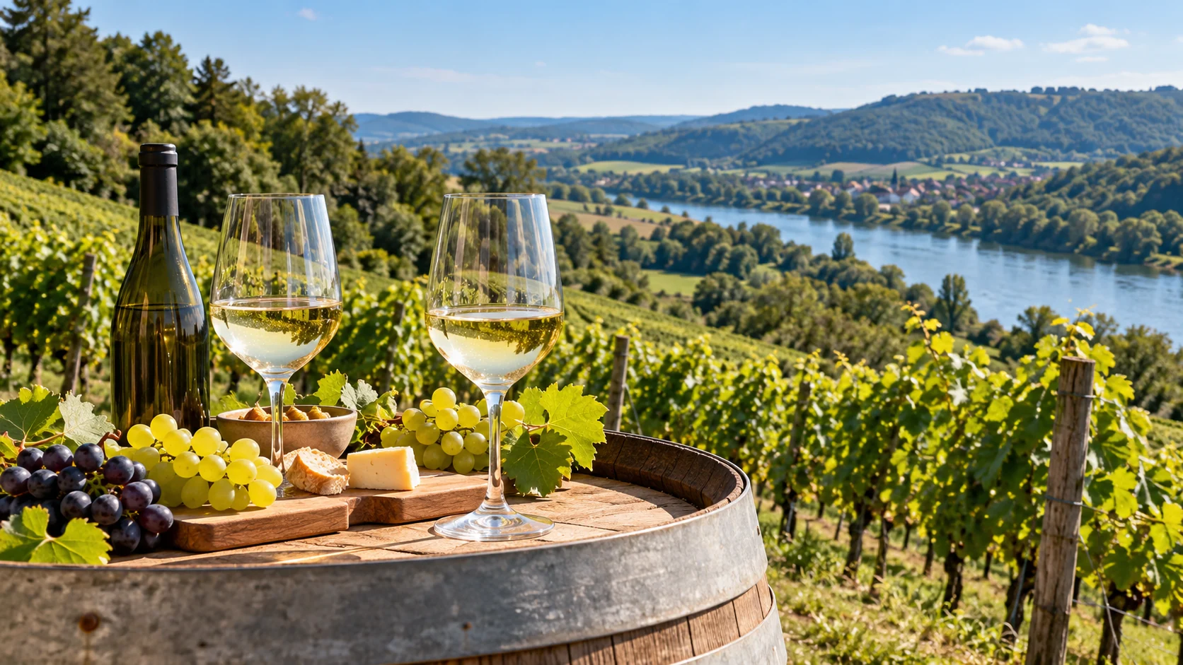 KI-Illustration: Weinprobe auf einem Holzfass mit Flasche ohne Etikett, Weißweingläsern, Trauben und Käse; Reben und Flusslandschaft; Weingut Zolg in Gailingen