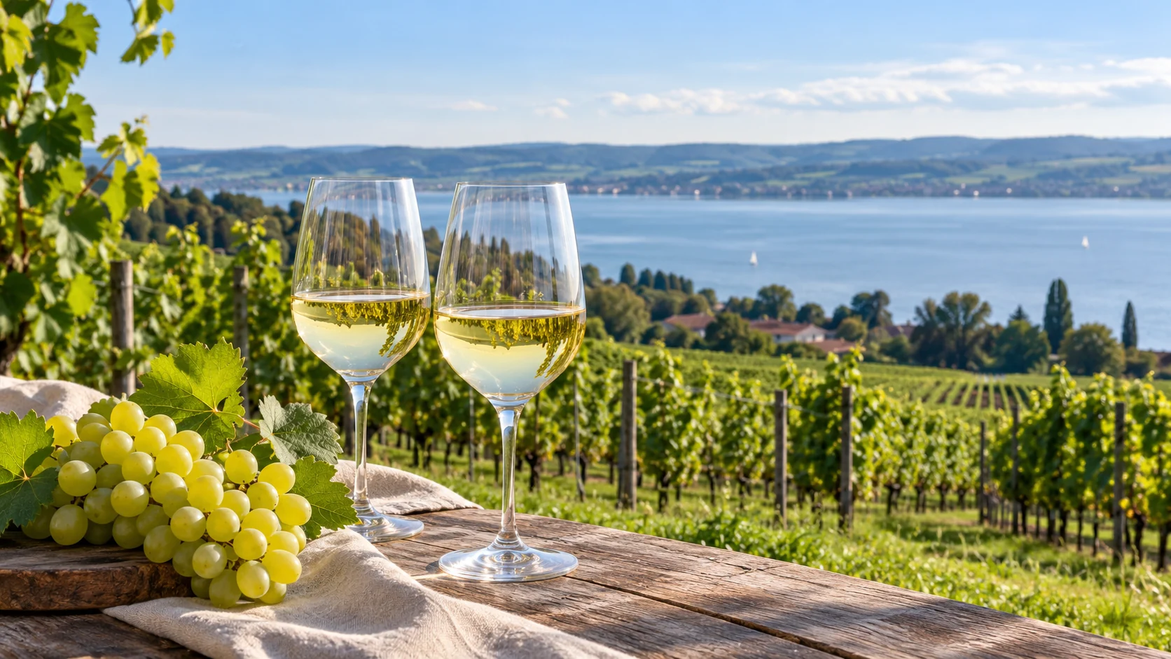 KI-Illustration: Zwei Weißweingläser und Trauben auf einem Holztisch vor Rebreihen und regionaler Seelandschaft; Weingut Thomas Geiger in Meersburg-Riedetsweiler