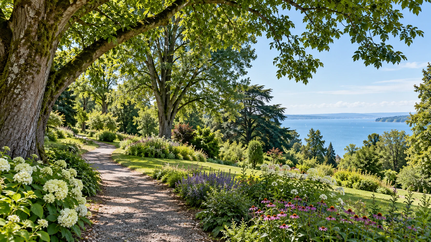 KI-Illustration: Schmaler geschwungener Gartenweg unter alten Bäumen, blühende Stauden und Bodenseeblick; Stiegeler Park in Konstanz