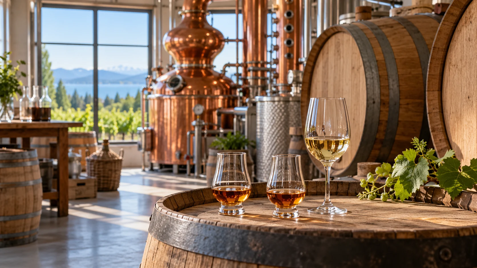 KI-Illustration: Holzfässer, Kupferbrennblase und vorne zwei Whisky-Tastinggläser sowie ein Weinglas; Steinhauser Brennerei und Weinkellerei in Kressbronn