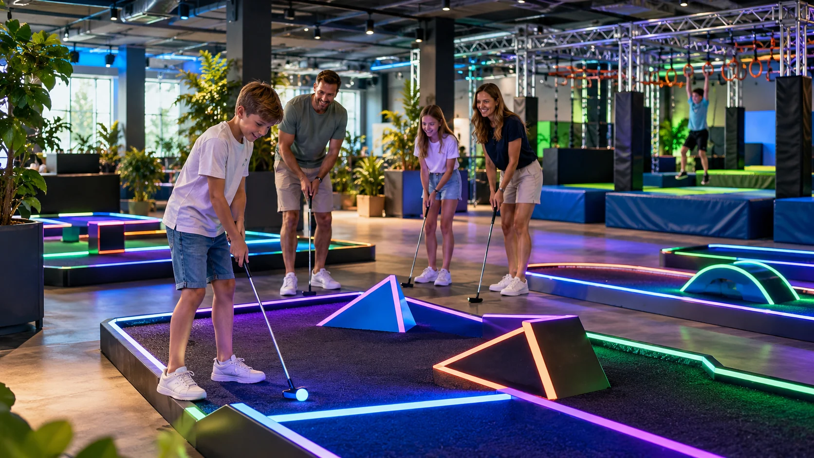 KI-Illustration: Zusammenhängende Indoor-Szene mit leuchtenden Minigolfbahnen, spielender Familie und Ninja-Hangelbereich mit Sicherheitsmatten im Hintergrund; M10 True Active in Konstanz