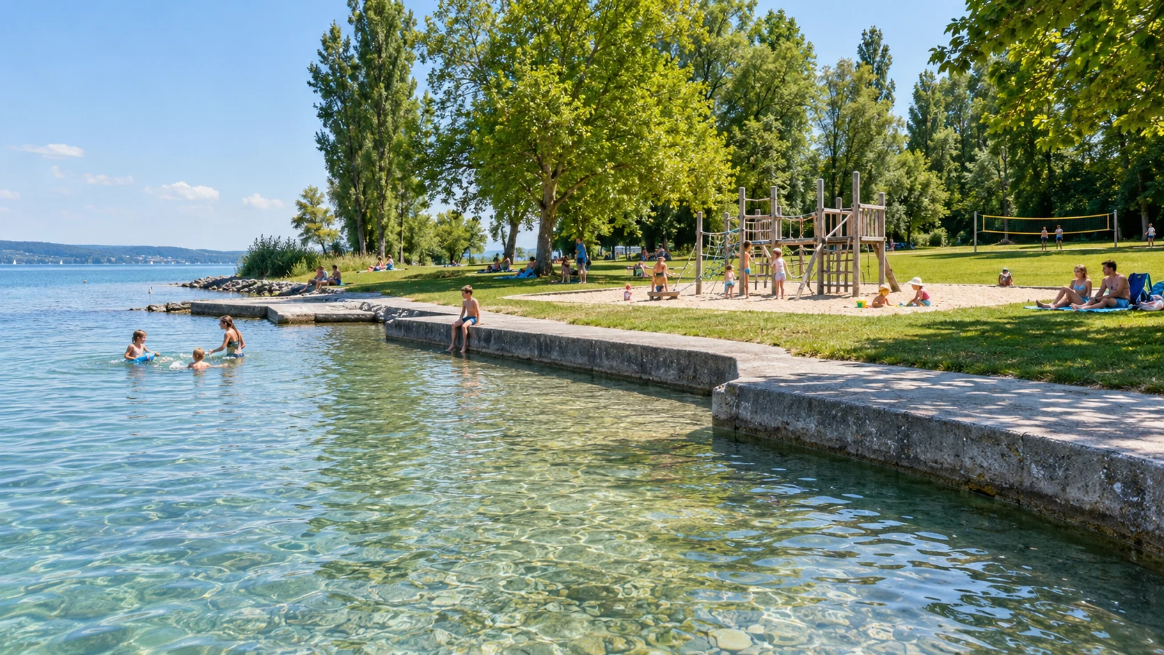 KI-Illustration zum Strandbad Moos am Untersee mit Liegewiese, flachem Seezugang, Sandspielbereich und Volleyball