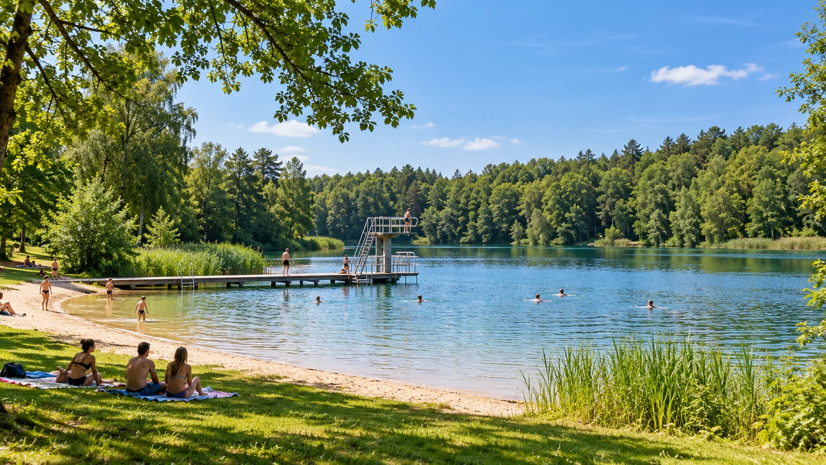 KI-Illustration: Bewaldeter Natursee mit Sandstrand und Liegewiese, Badesteg mit Sprungplattform und wenigen Badegästen; Naturstrandbad Steeger See in Aulendorf