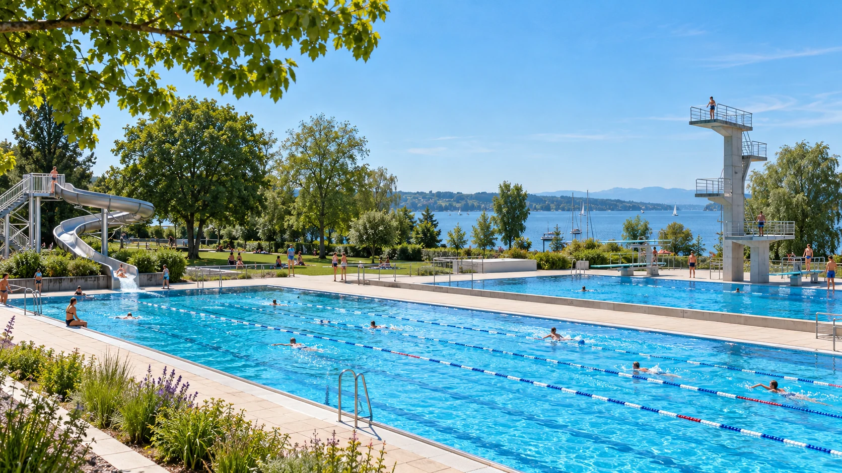 KI-Illustration: Freibadszene mit rechteckigem Sportbecken, separatem Sprungbecken, mehrstufigem Sprungturm und Rutsche; Bodensee im Hintergrund; Schwimmbad Arbon in Arbon