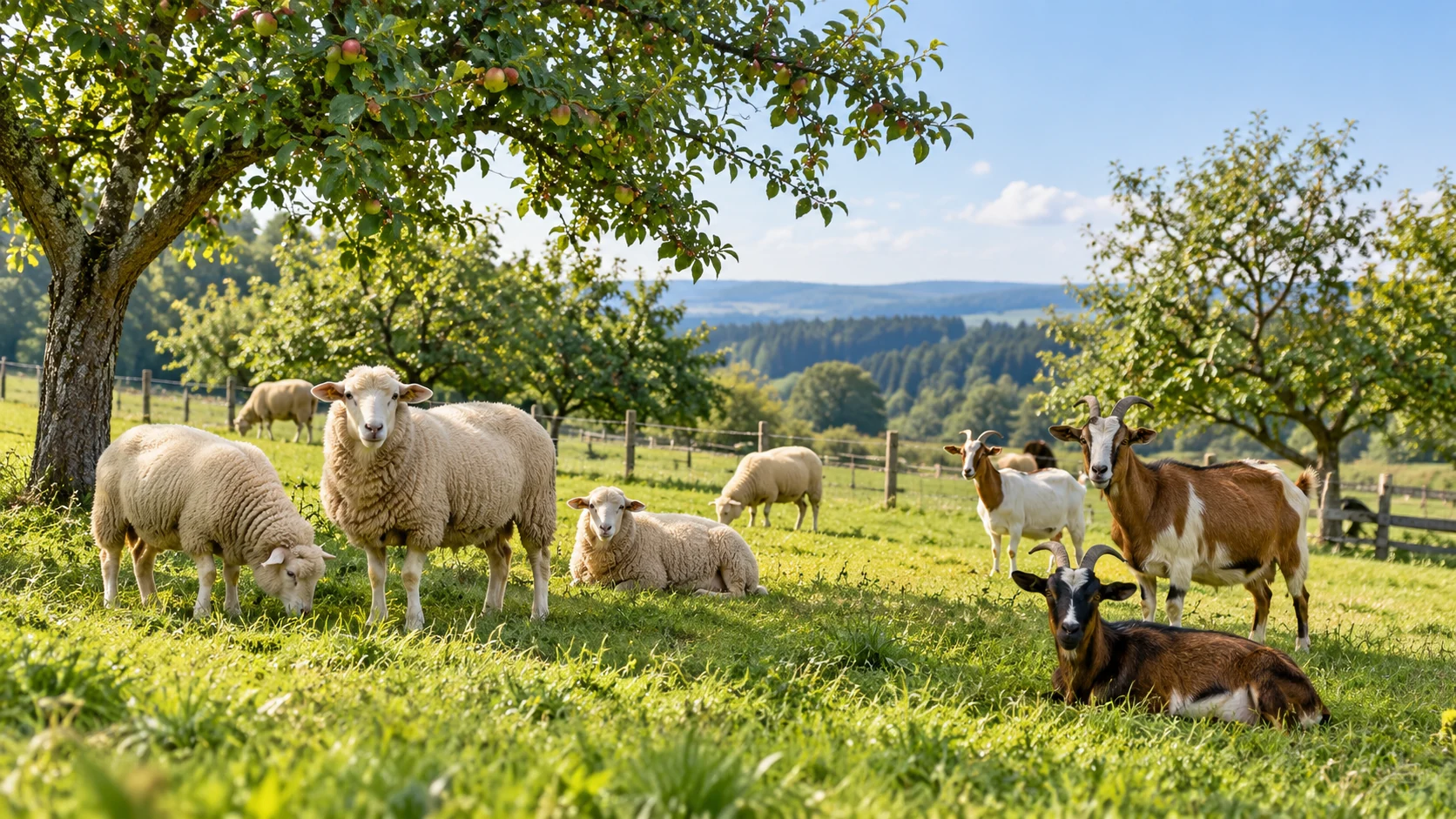 KI-Illustration: Schafe und Ziegen auf einer umzäunten Obstwiese in hügeliger grüner Landschaft; Hoftiere auf Gut Hügle in Ravensburg-Bottenreute