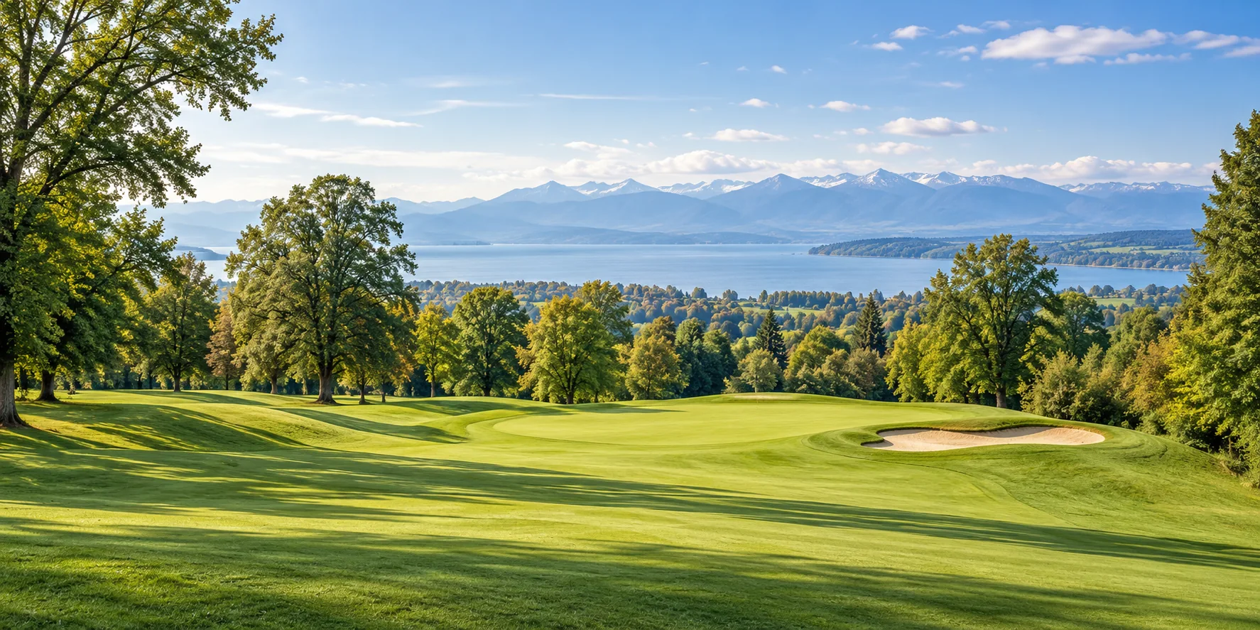 KI-Illustration eines parkartigen Golfplatzes bei Lindau mit Blick auf Bodensee und Alpen; keine Originalansicht einer bestimmten Spielbahn