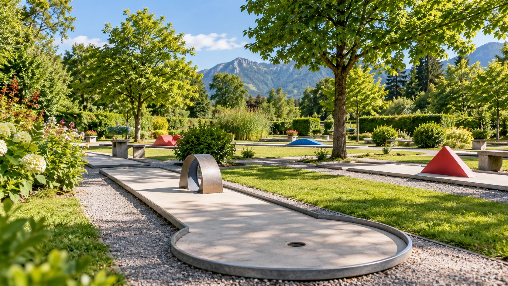 KI-Illustration: Klassische Minigolfbahnen mit Metallring und farbigen Hindernissen in begrünter Gartenanlage; Berge dezent im Hintergrund; Minigolf Grüner Baum Dornbirn in Dornbirn