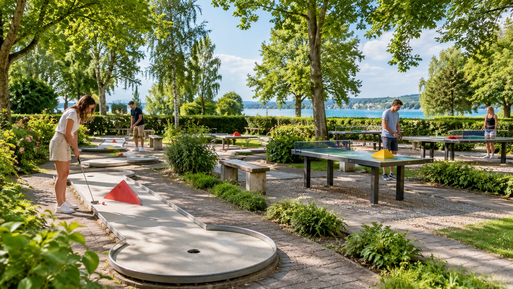 KI-Illustration: Erwachsene spielen auf Boden-Minigolfbahnen und an erhöhten Pitpat-Tischen; grüne Gartenfläche und Wasser im Hintergrund; Minigolf am Hörnle in Konstanz