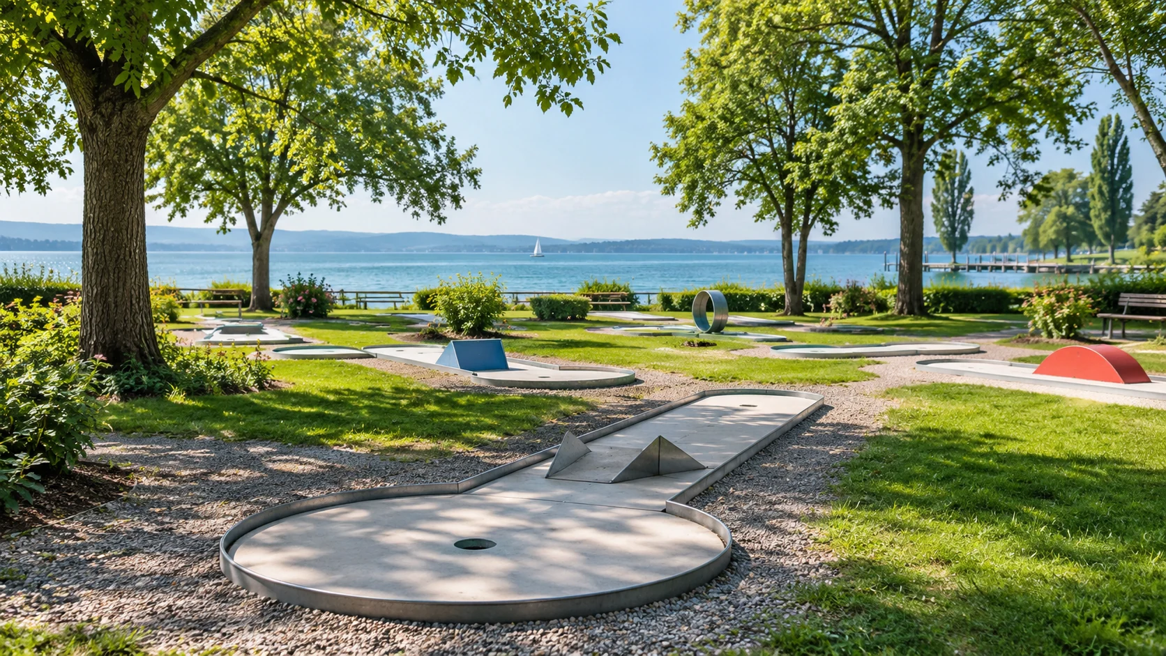 KI-Illustration: Klassische Minigolfbahnen mit einfachen farbigen Hindernissen in grünem Uferpark mit Bodenseeblick; Pia's Minigolf Hagnau in Hagnau