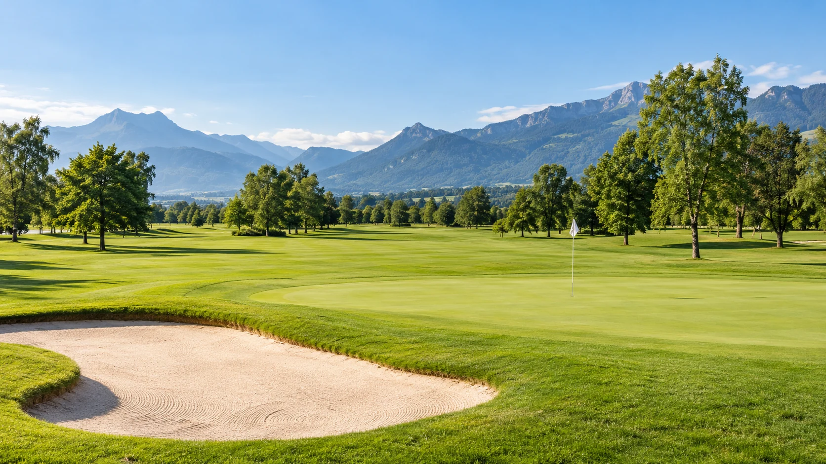 KI-Illustration: Weites Golfgrün mit Fahne und Sandbunker in einer parkartigen Talfläche; Vorarlberger Bergkulisse im Hintergrund; Golfclub Montfort Rankweil in Rankweil