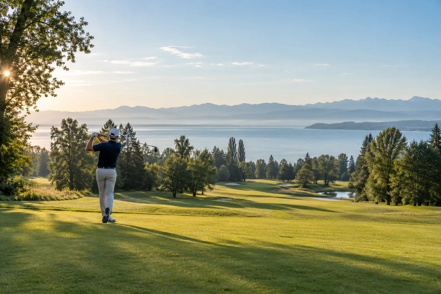 Illustrative Golfszene mit Blick auf einen See