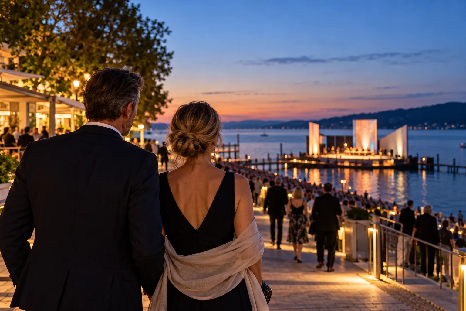 Illustrative Abendstimmung am Wasser vor einer Freiluftbühne