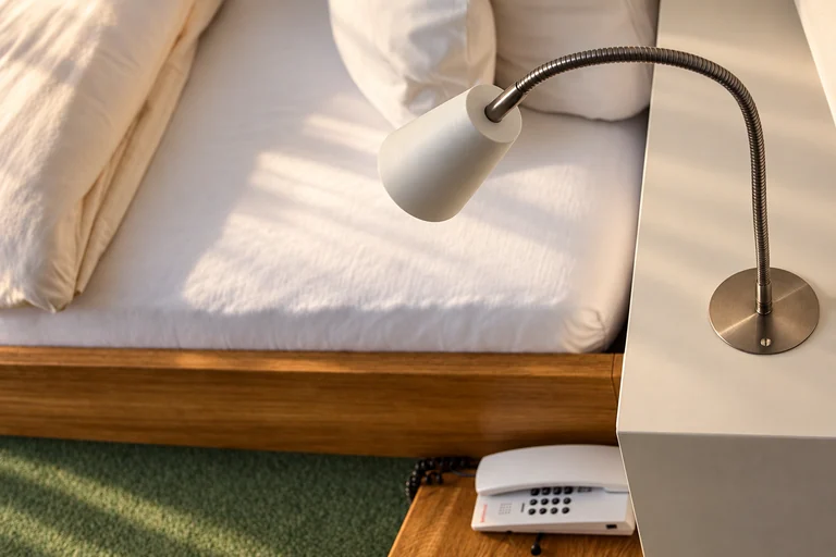 Bett und Leselampe im Hotel Lindenallee
