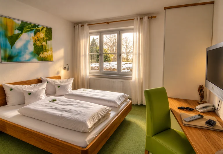 Doppelzimmer mit grünem Teppich im Hotel Lindenallee