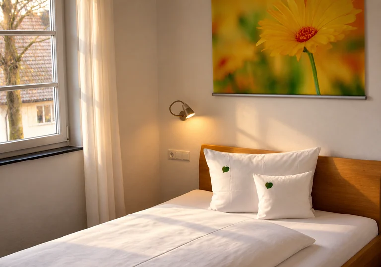 Einzelbett mit Lindenblatt-Kissen im Hotel Lindenallee