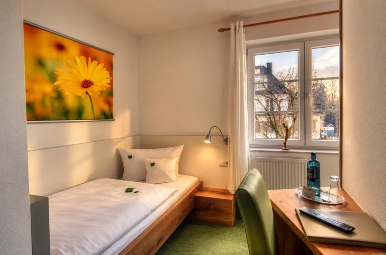 Einzelzimmer mit Schreibtisch im Hotel Lindenallee