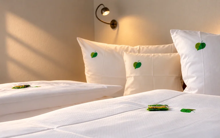 Frische Bettwäsche mit Lindenblättern im Hotel Lindenallee