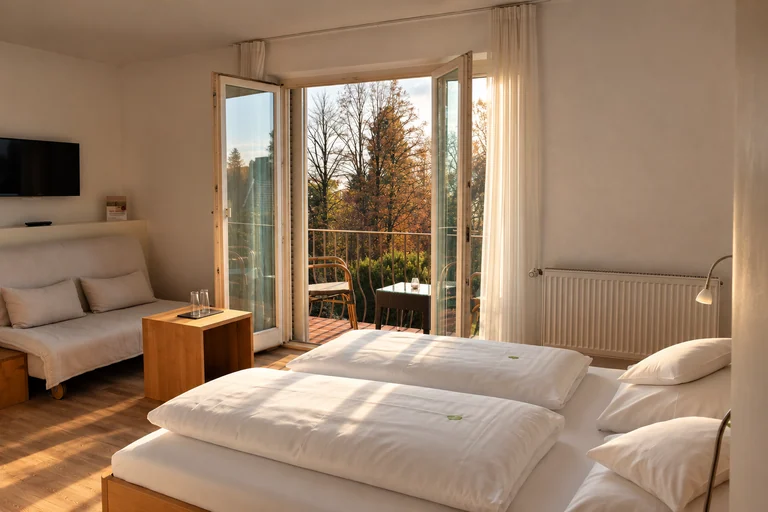 Hotelzimmer mit geöffnetem Balkon im Hotel Lindenallee