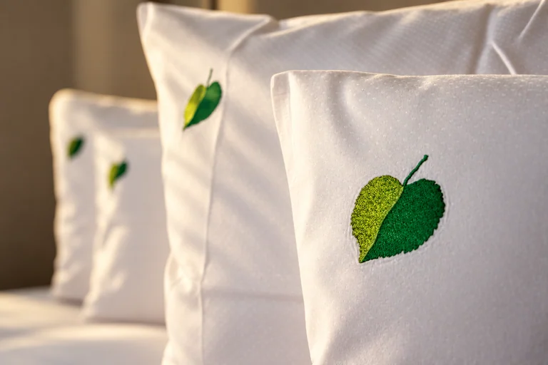 Kissen mit Lindenblatt-Stickerei im Hotel Lindenallee