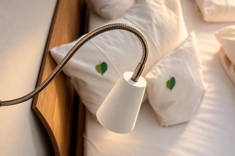 Leselampe und bestickte Kissen im Hotel Lindenallee