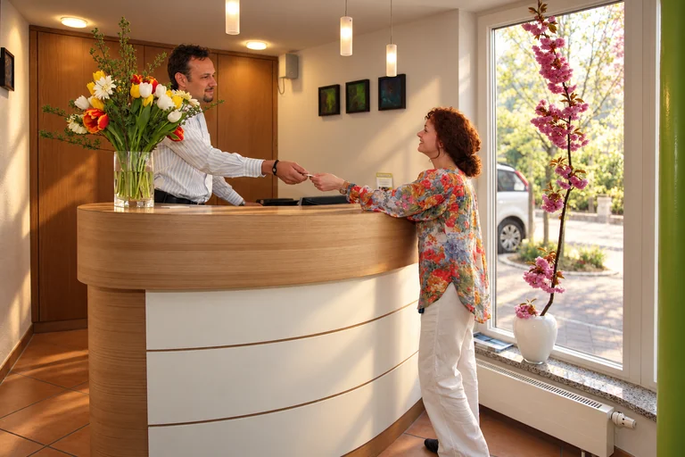 Persönlicher Empfang an der Rezeption im Hotel Lindenallee