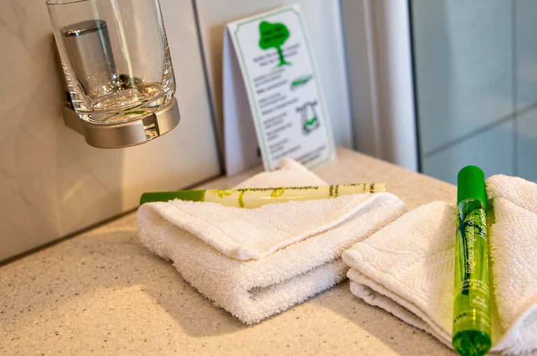 Pflegeprodukte und Handtücher im Hotel Lindenallee